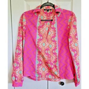 GIANNI‎ BINI Women's Sz XS Top Blouse Neon Colors Summer V-Neck Long Slv